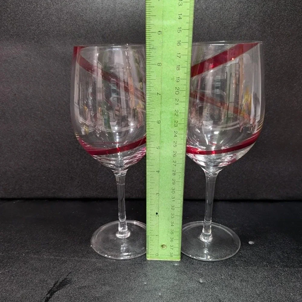 Pier 1 Red Swirline Wine Glasses, Set‎ Of 2, Vintage Clear Stemware, Replacement